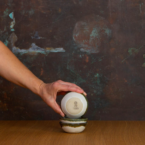 Bottom of Handmade Ramekin Glazed in Inkblot: Elegant Small Dishes with Striking Black Rim