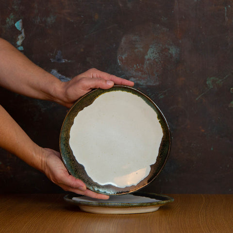 Handmade Salad Plate Glazed in Inkblot: Elegant White Plate with Striking Black Rim