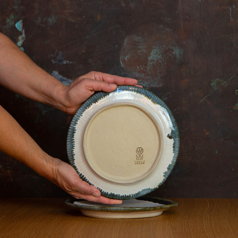 Bottom of Handmade Salad Plate Glazed in Inkblot: Elegant White Plate with Striking Black Rim