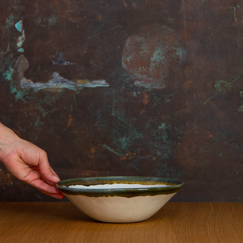 Inkblot Glazed Handmade Serving Bowl. Large deep bowl, glazed White with Contrasting Black Rim