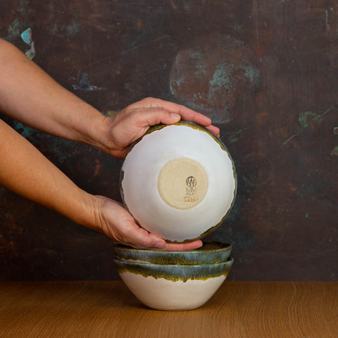 Bottom of Handmade Cereal Bowl Glazed in Inkblot: Elegant White Bowl with Striking Black Rim