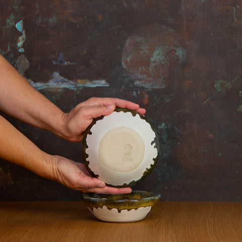 Bottom of Handmade Small Soup Bowl Glazed in Inkblot: Elegant White Shallow Bowl with Striking Black Rim