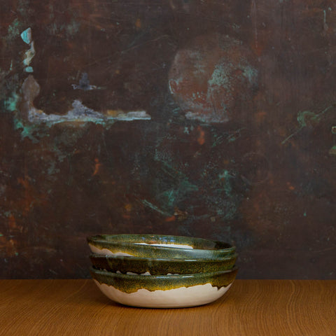 Stack of three Handmade Deep Bowls Glazed in Inkblot: Elegant White Bowl with Striking Black Rim