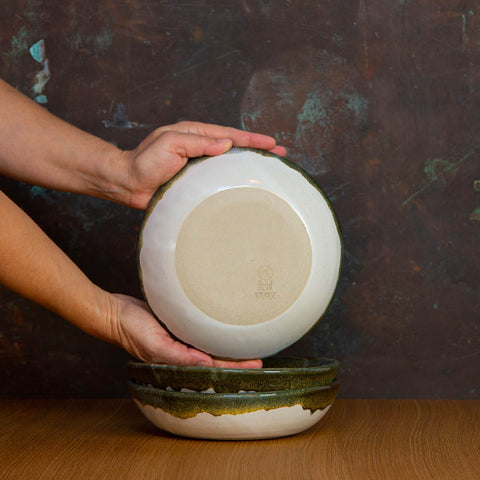 Bottom of Handmade Shallow Bowl Glazed in Inkblot: Elegant White Bowl with Striking Black Rim