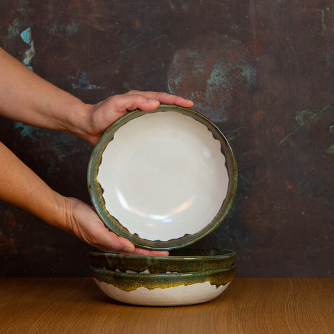 Handmade Shallow Bowl Glazed in Inkblot: Elegant White Bowl with Striking Black Rim