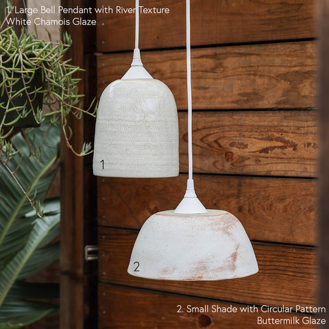 White Ceramic River Bell Pendant and Buttermilk Small Circular Shade