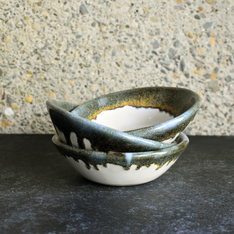 Stack of Handmade Small Soup Bowls Glazed in Inkblot: Elegant White Shallow Bowl with Striking Black Rim