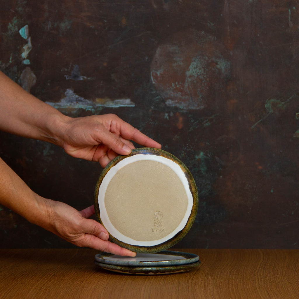 Bottom of Handmade Cafe Plate Glazed in Inkblot: Elegant White Side Plate with Striking Black Rim