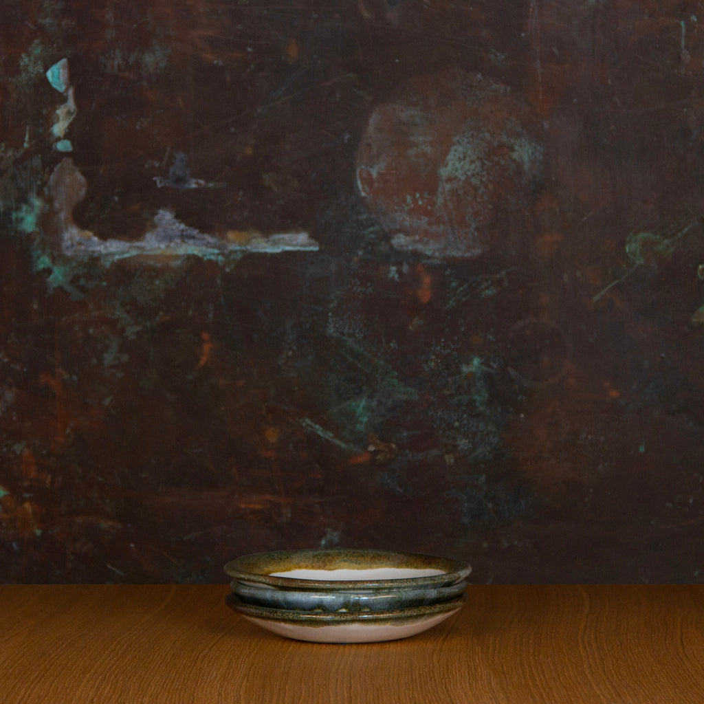 Stack of three Handmade Dessert Bowls Glazed in Inkblot: Elegant Plate with Striking Black Rim