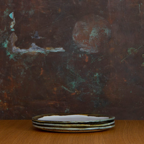 Stack of Three Handmade Dinner Plates Glazed in Inkblot: Elegant White Plate with Striking Black Rim