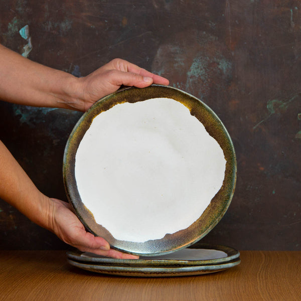 Handmade Dinner Plate Glazed in Inkblot: Elegant White Plate with Striking Black Rim