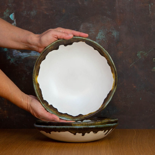 Handmade Fruit Bowl Glazed in Inkblot: Elegant Large Deep Fruit Bowl with Striking Black Rim