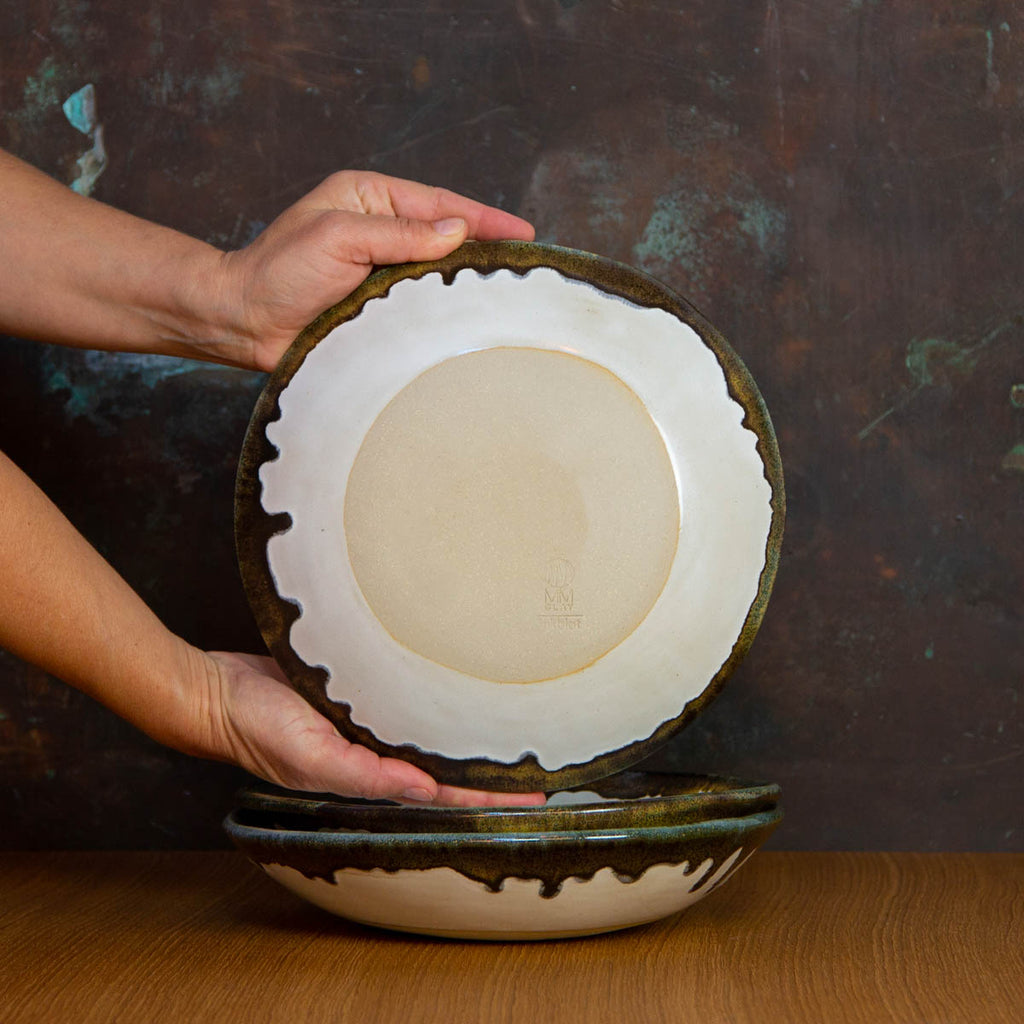 Bottom of Handmade Fruit Bowl Glazed in Inkblot: Elegant Large Deep Fruit Bowl with Striking Black Rim