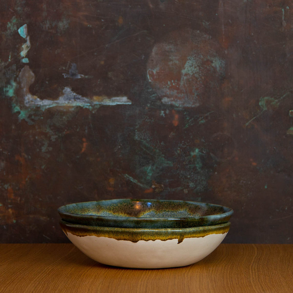 Stack of Handmade Fruit Bowls Glazed in Inkblot: Elegant Large Deep Fruit Bowl with Striking Black Rim