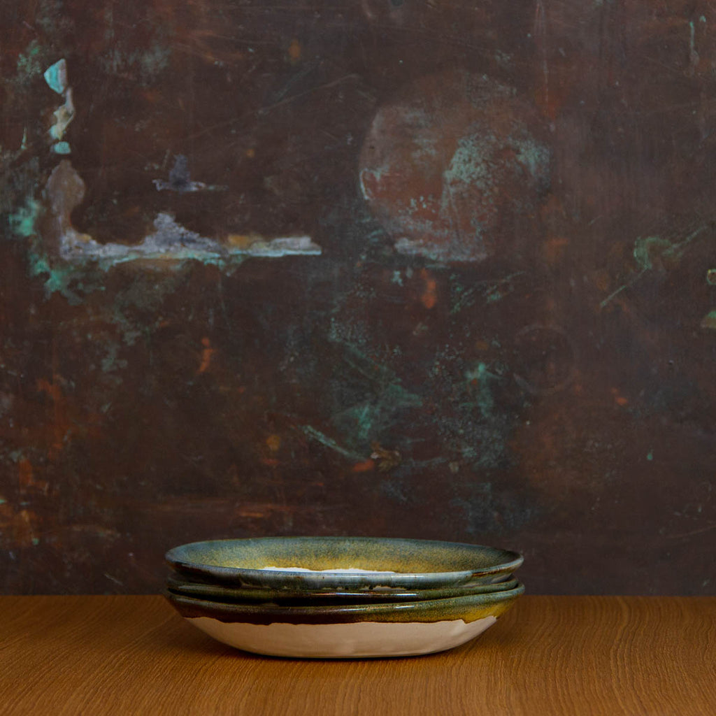 Stack of Handmade Pasta Bowls, Flat Bowls Glazed in Inkblot: Elegant Shallow White Bowl with Striking Black Rim