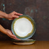 Handmade Flat Bowl Glazed in Inkblot: Elegant Shallow White Bowl with Striking Black Rim