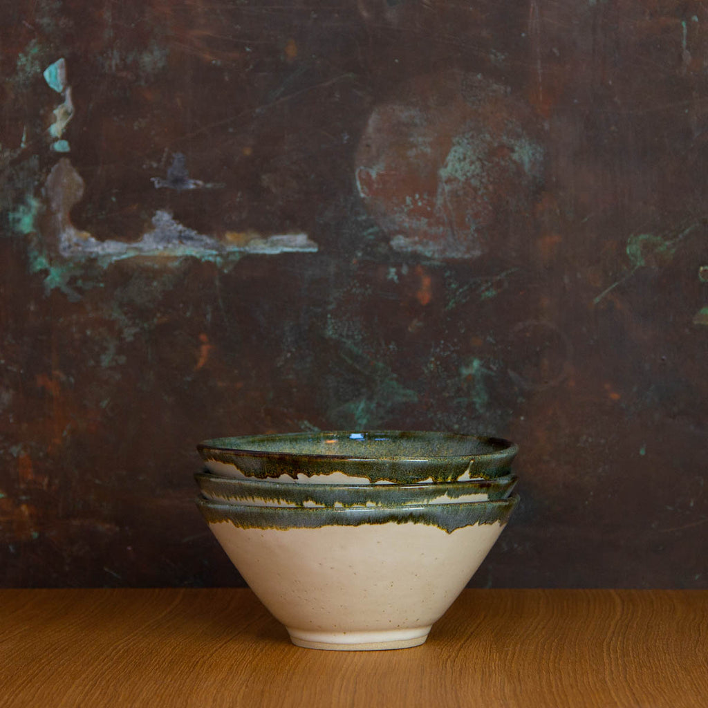 Stack of Inkblot Glazed Handmade Ramen Bowls: Striking Deep White Bowl with Contrasting Black Rim