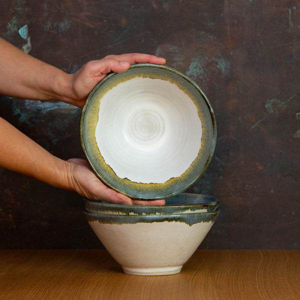 Inside of Inkblot Glazed Handmade Ramen Bowl: Striking Deep White Bowl with Contrasting Black Rim