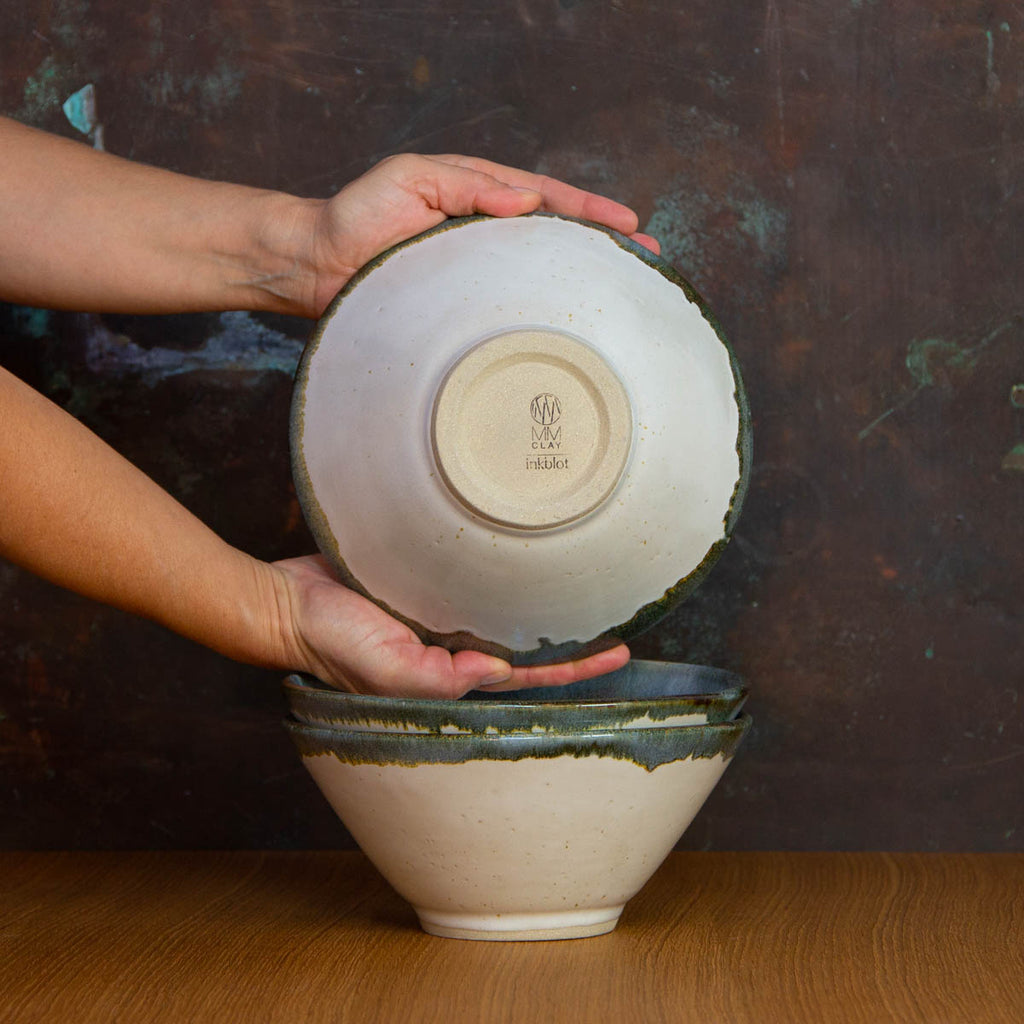 Bottom of Inkblot Glazed Handmade Ramen Bowl: Striking Deep White Bowl with Contrasting Black Rim