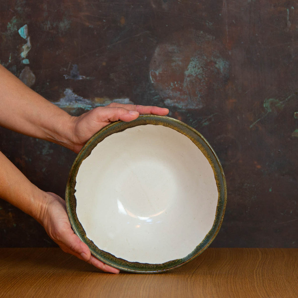 Inkblot Glazed Handmade Serving Bowl. Large deep bowl, glazed White with Contrasting Black Rim
