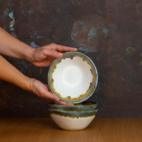 Handmade Cereal Bowl Glazed in Inkblot: Elegant White Bowl with Striking Black Rim