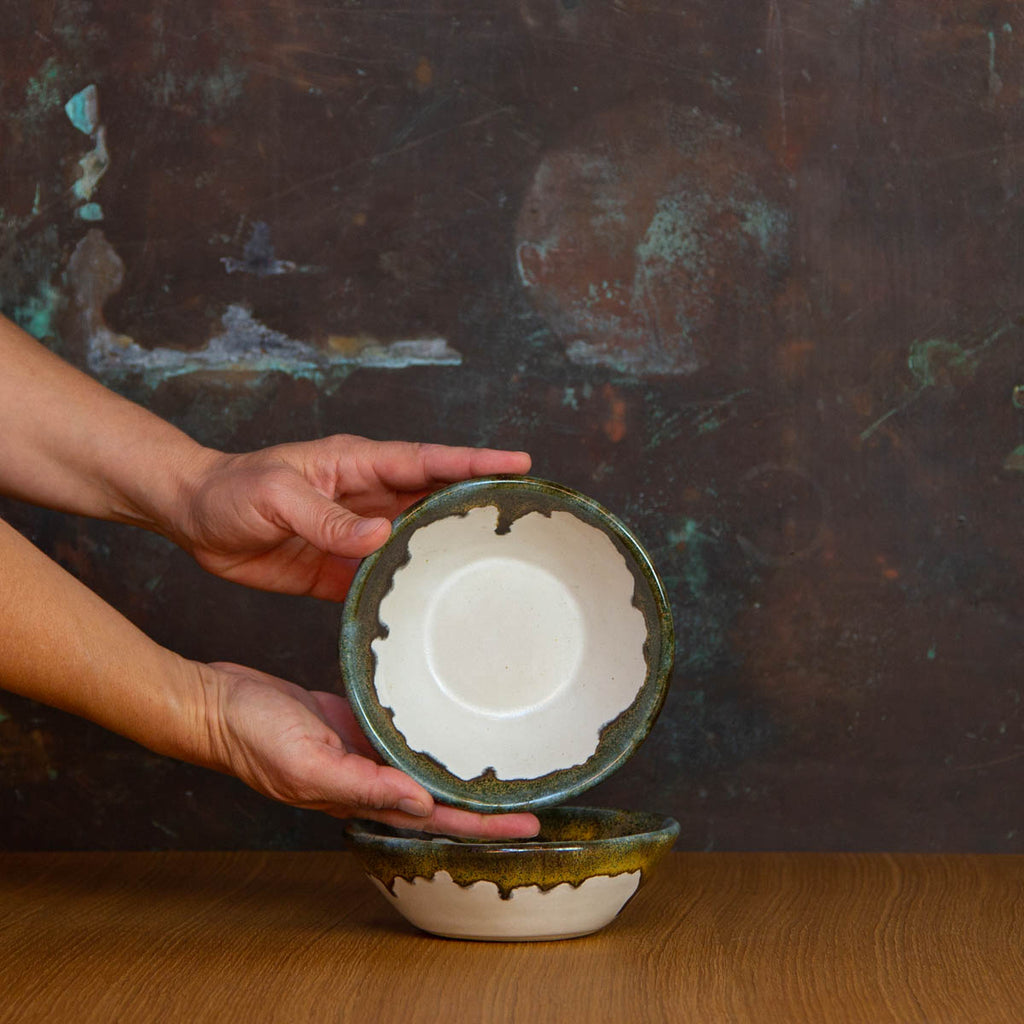 Handmade Small Soup Bowl Glazed in Inkblot: Elegant White Shallow Bowl with Striking Black Rim
