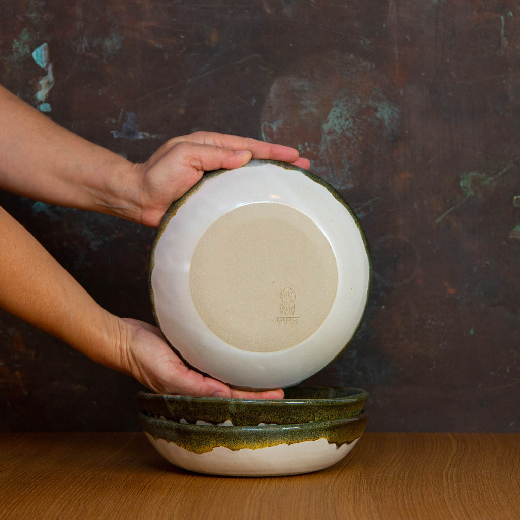 Bottom of Handmade Deep Bowl Glazed in Inkblot: Elegant White Bowl with Striking Black Rim