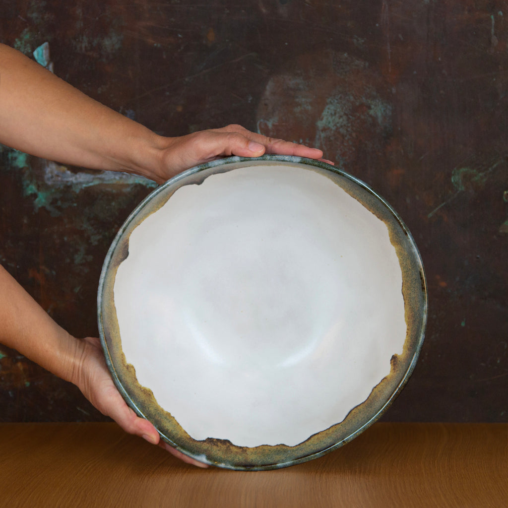 Interior of Handmade Extra Large Bowl Glazed in Inkblot: Elegant Deep White Bowl with Striking Black Rim